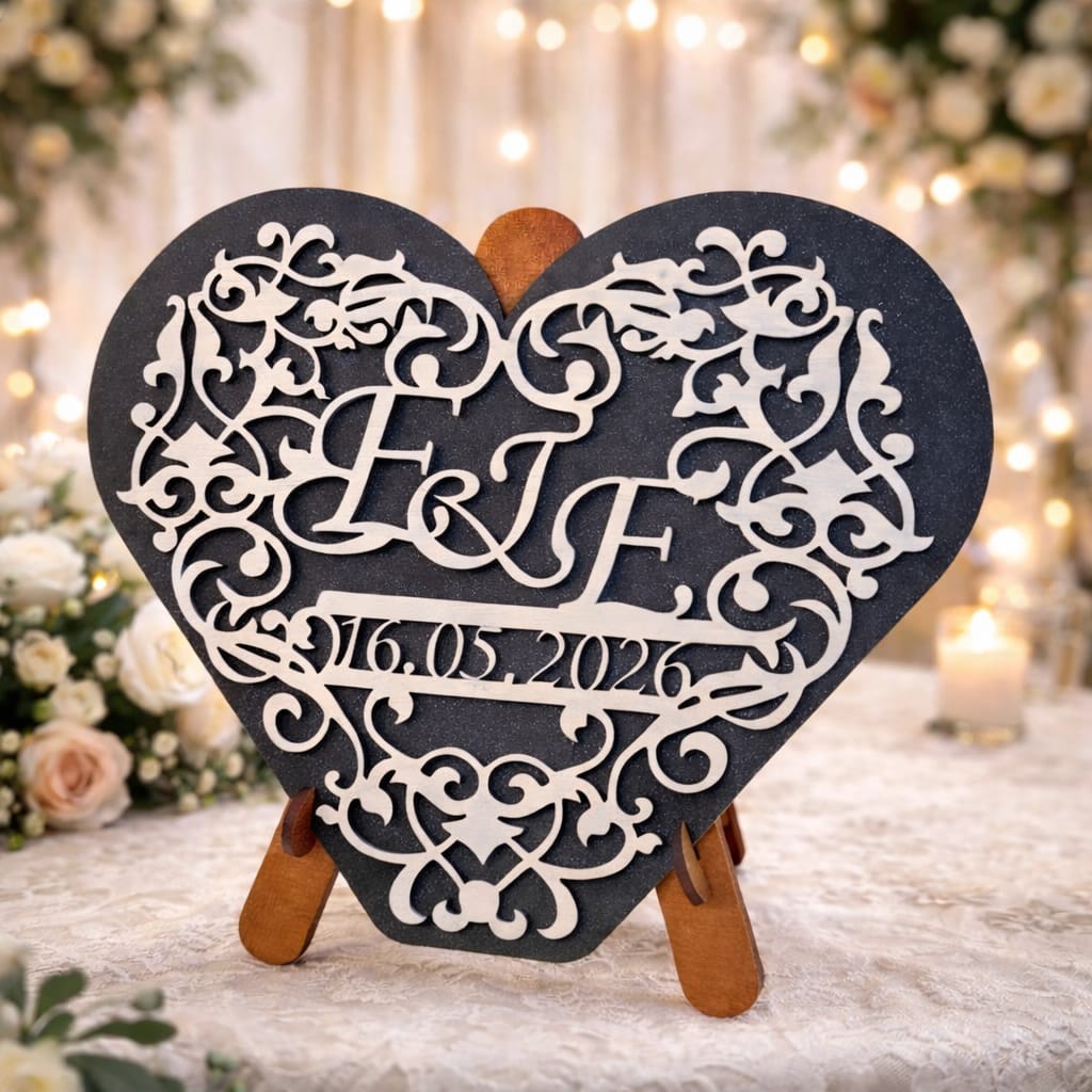 Inimă Decorativă Nuntă Alb-Argintiu – Decor Personalizat din Lemn