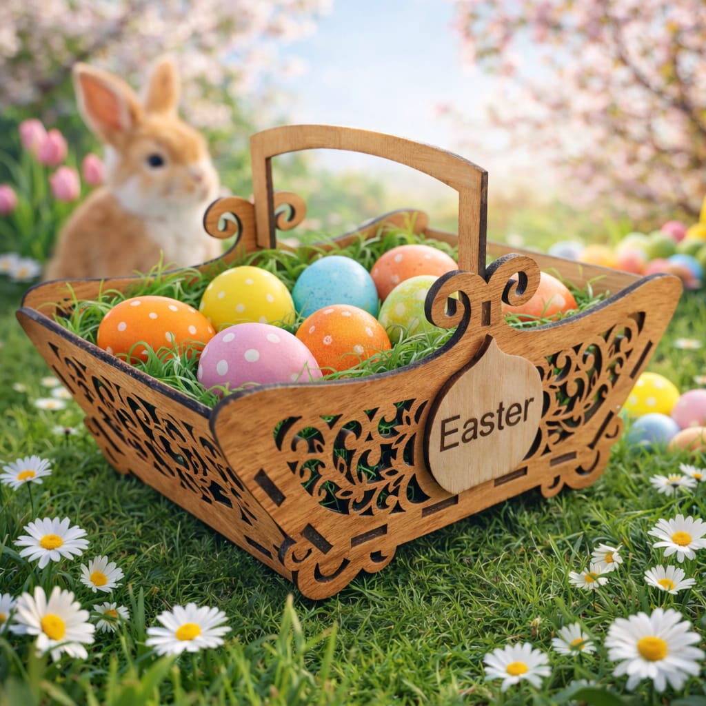 Coș de Paște Personalizat din Lemn – Decor de Masă și Cadou Special