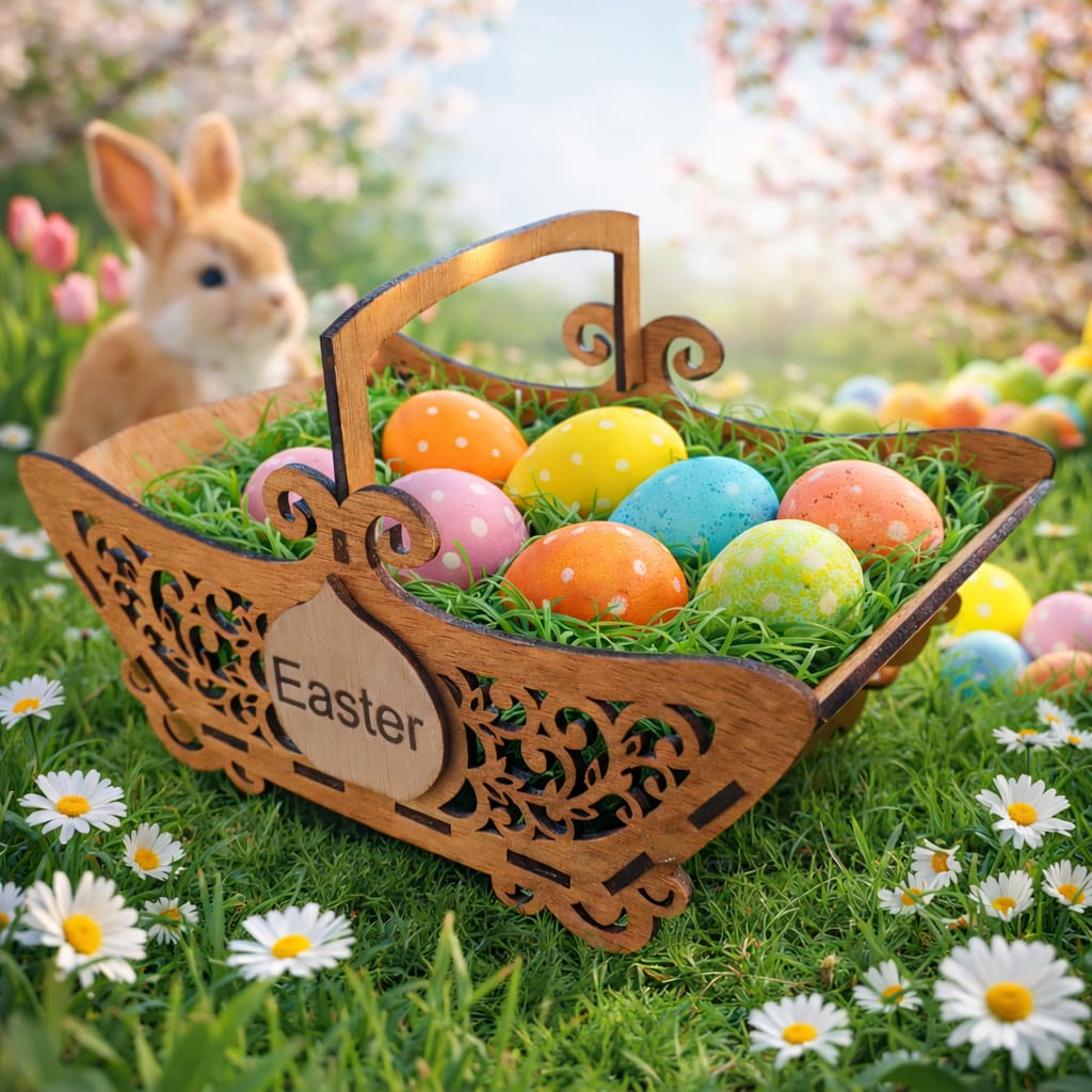 Coș de Paște Personalizat din Lemn – Decor de Masă și Cadou Special
