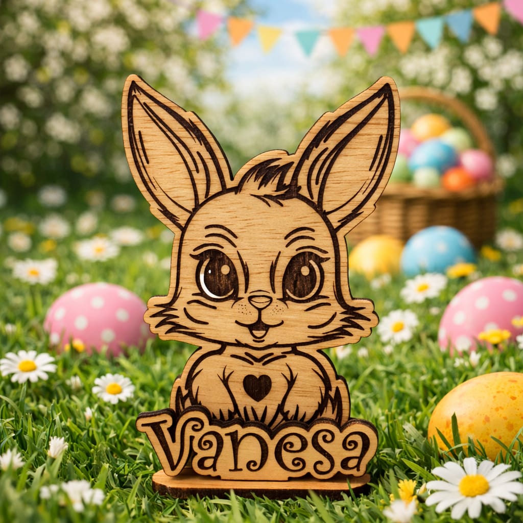 Suport Ou Paște Personalizat „Iepuraș Gravat” – Decor Lemn 4mm (14 cm)