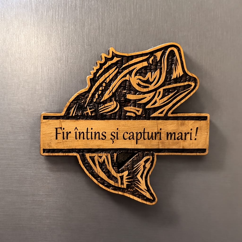 Magnet Frigider din Lemn „Fir întins și capturi mari!” – Cadou Ideal pentru Pescari
