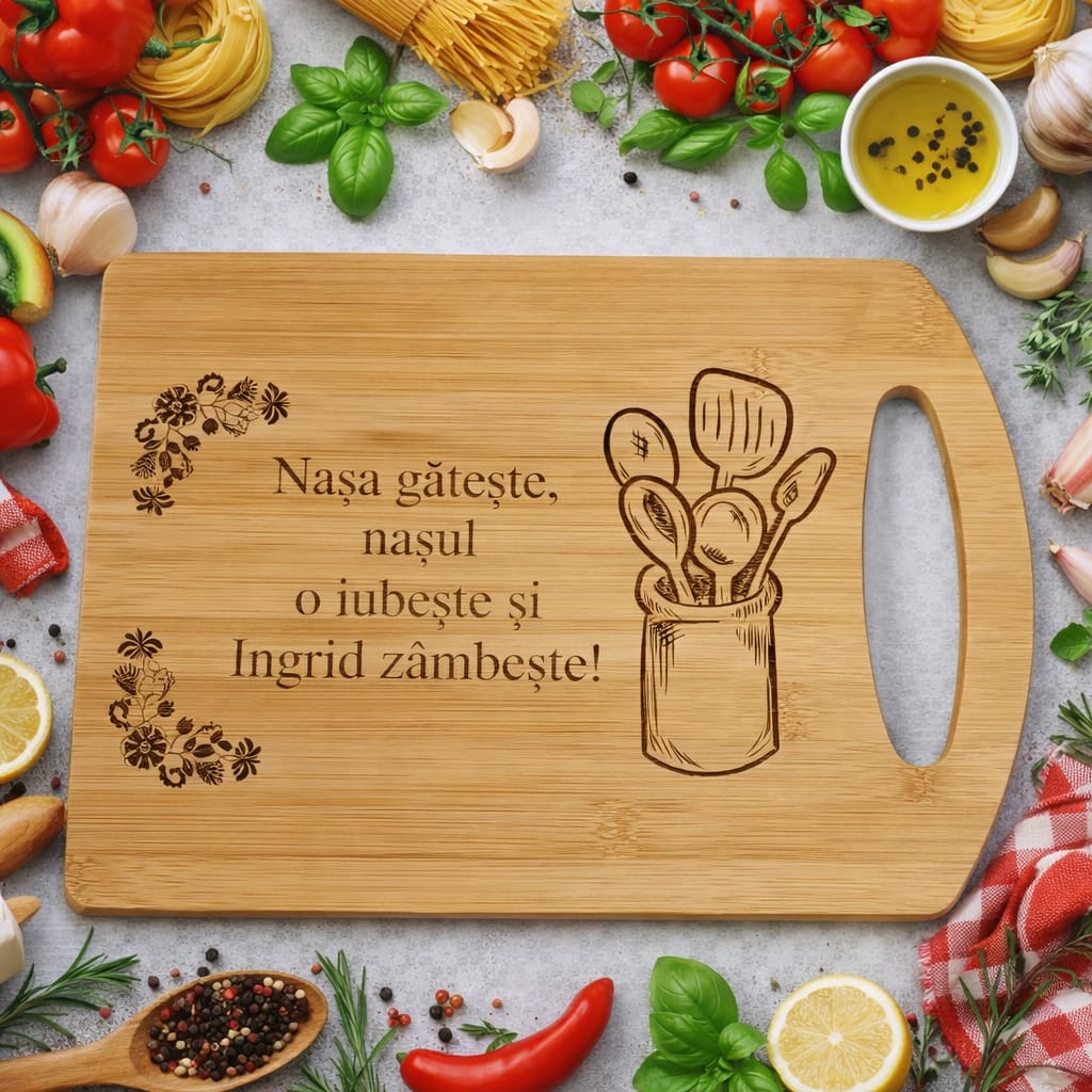 Tocător Bucătărie Personalizat din Bambus – Cadou Special pentru Nașă, Gravură cu Mesaj