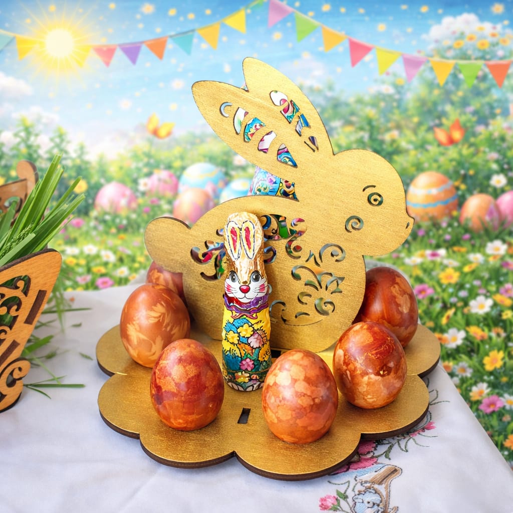 Suport Ouă de Paște din Lemn – Decor Premium pentru Masa Festivă | Design Iepuraș