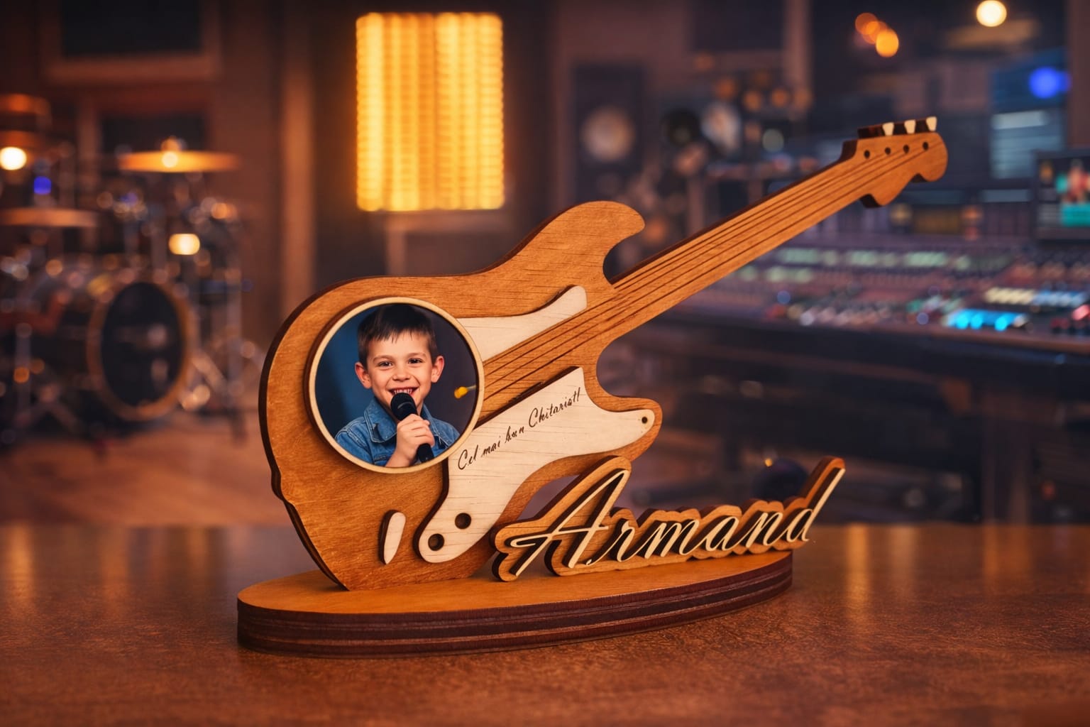 Trofeu personalizat din lemn cu poză și text – model chitară (25x16 cm)