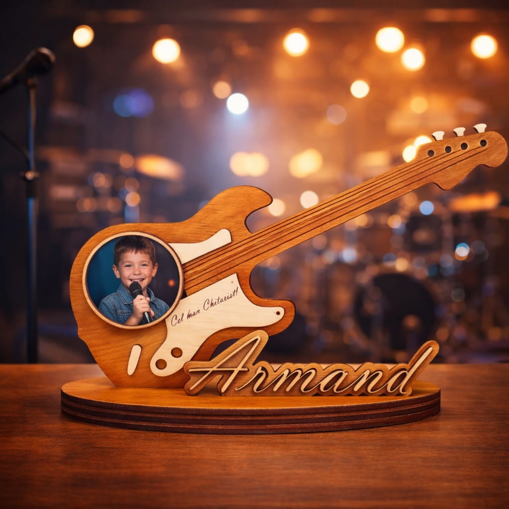 Trofeu personalizat din lemn cu poză și text – model chitară (25x16 cm)