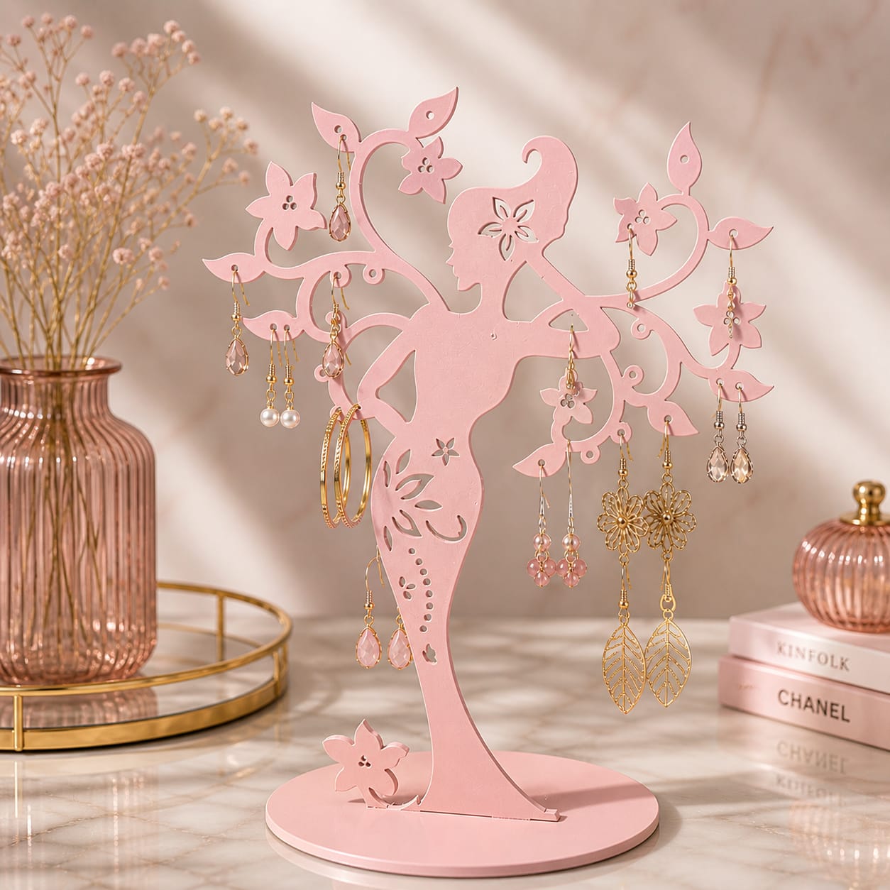 Suport pentru Cercei Roz Pudrat „Zâna Florală” – Organizator Elegant pentru Bijuterii
