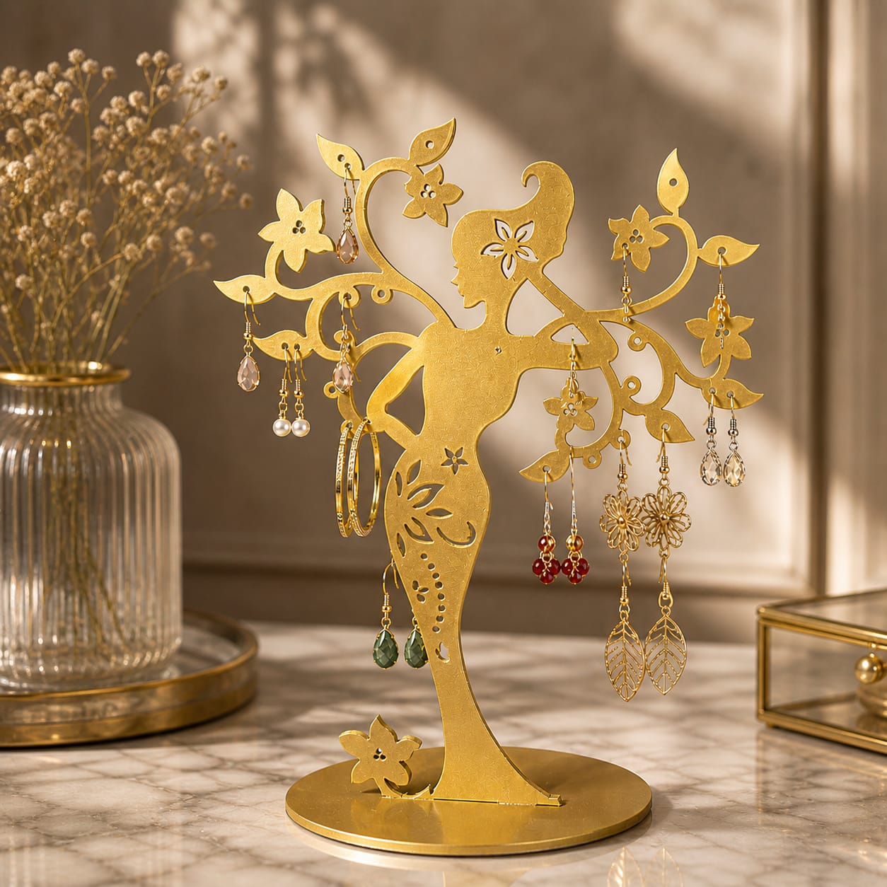 Suport pentru Cercei Auriu „Zâna Florală” – Organizator Bijuterii Elegant