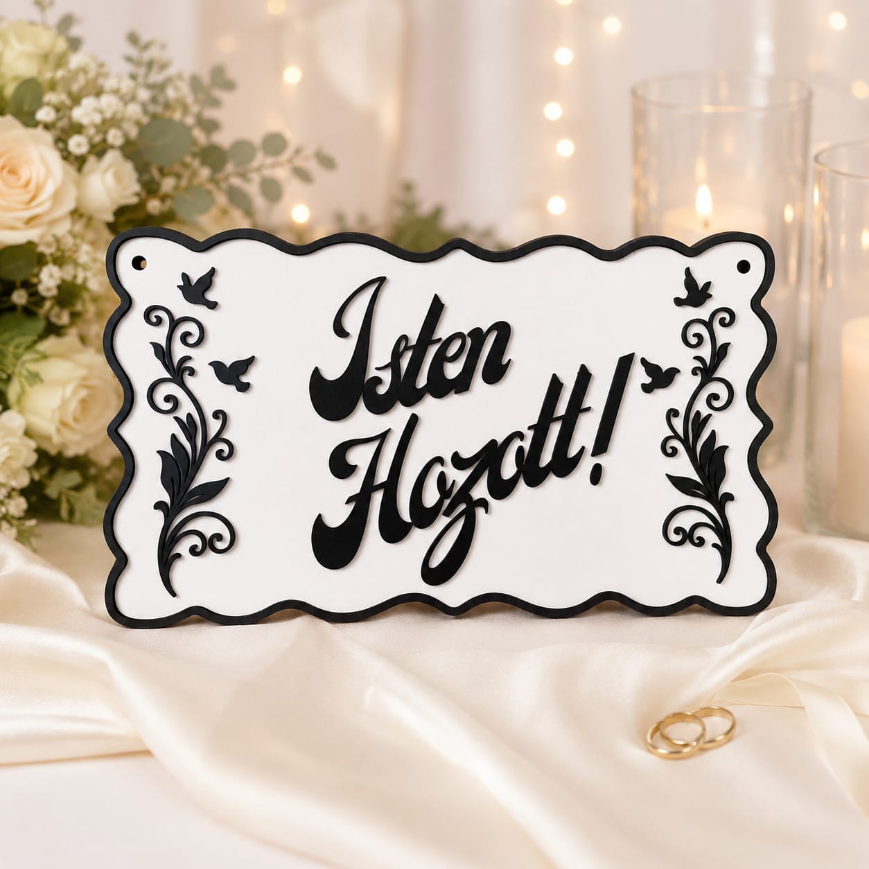 Plachetă Decorativă „Isten Hozott!” – Decor Elegant de Bun Venit pentru Nuntă și Evenimente