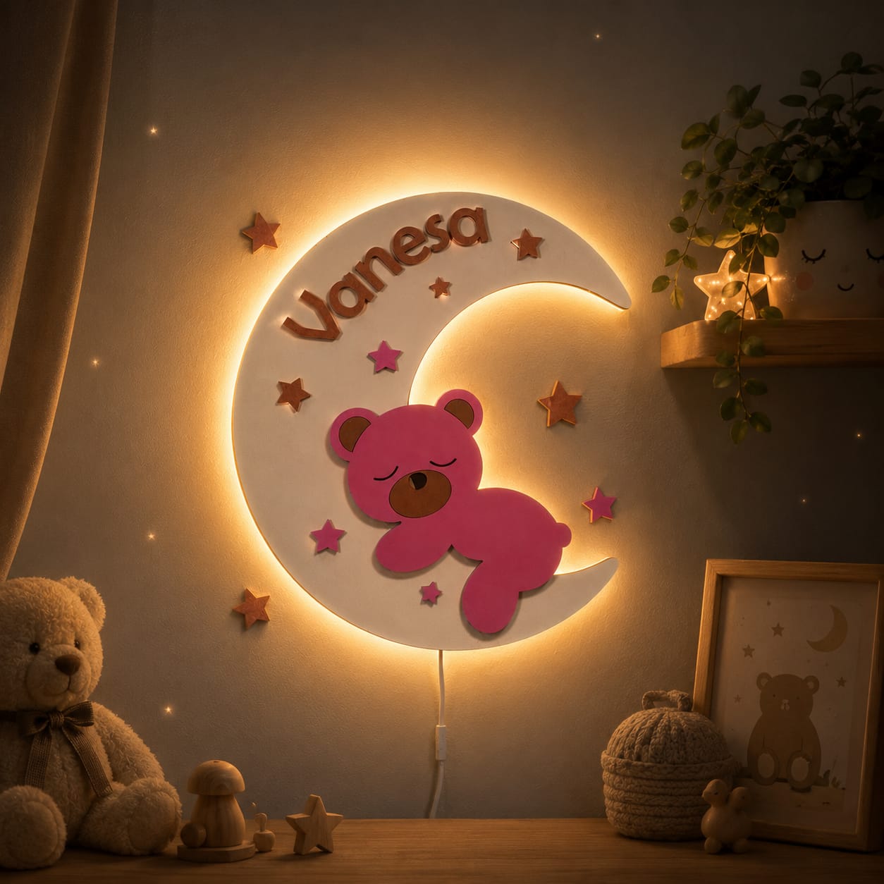 Lampă LED Personalizată cu Nume Rose – Ursuleț pe Lună