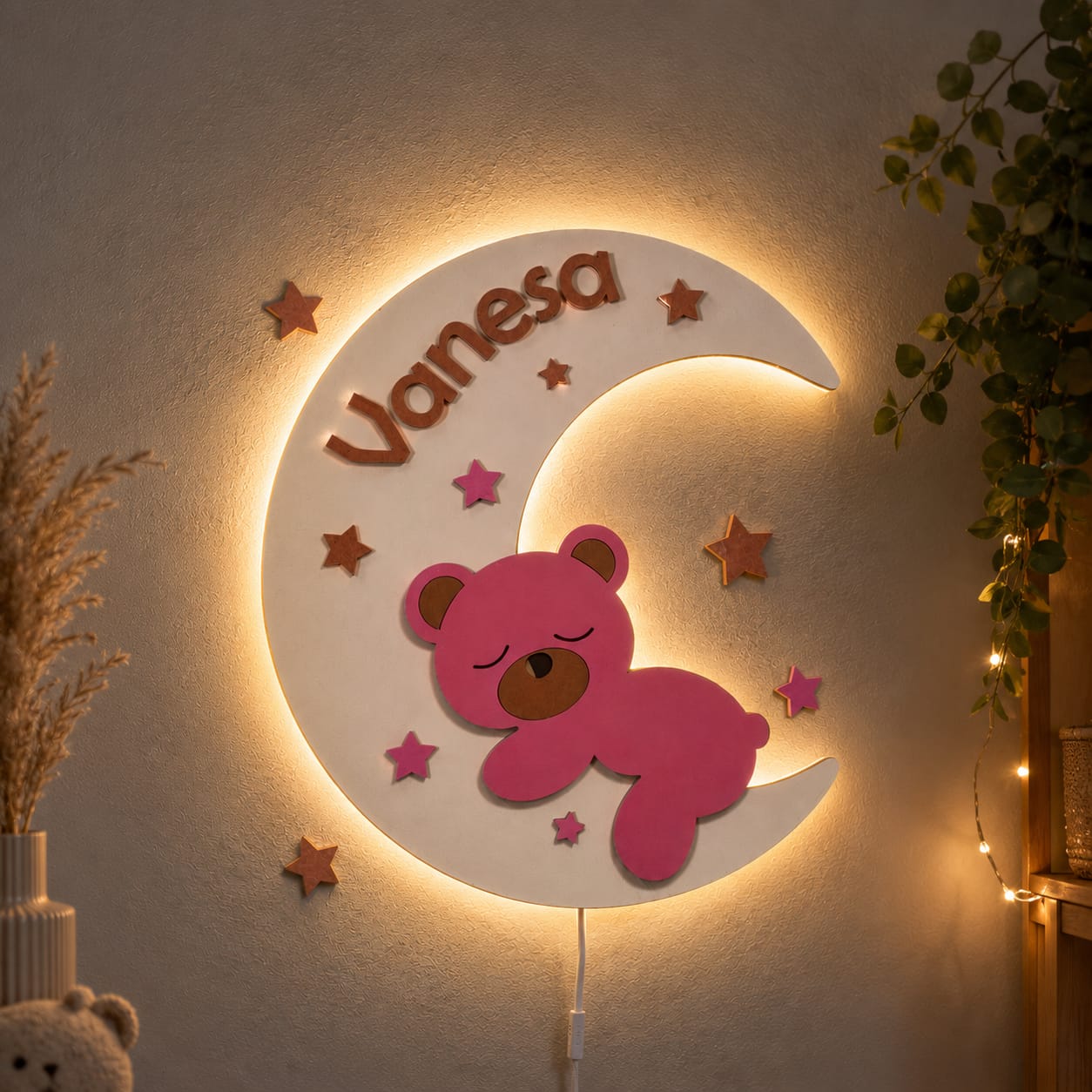 Lampă LED Personalizată cu Nume Rose – Ursuleț pe Lună