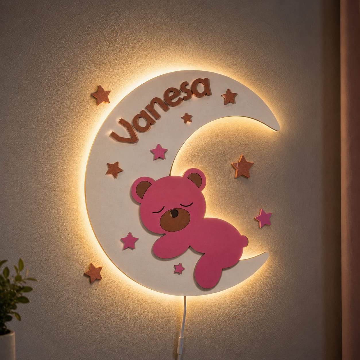 Lampă LED Personalizată cu Nume Rose – Ursuleț pe Lună