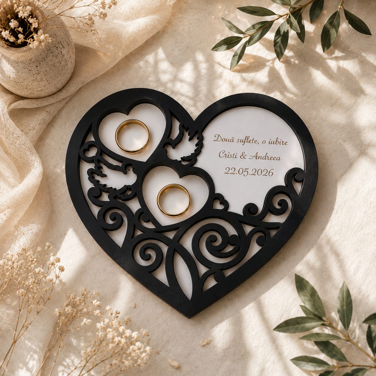 Suport verighete personalizat negru – Eleganță premium pentru o ceremonie memorabilă