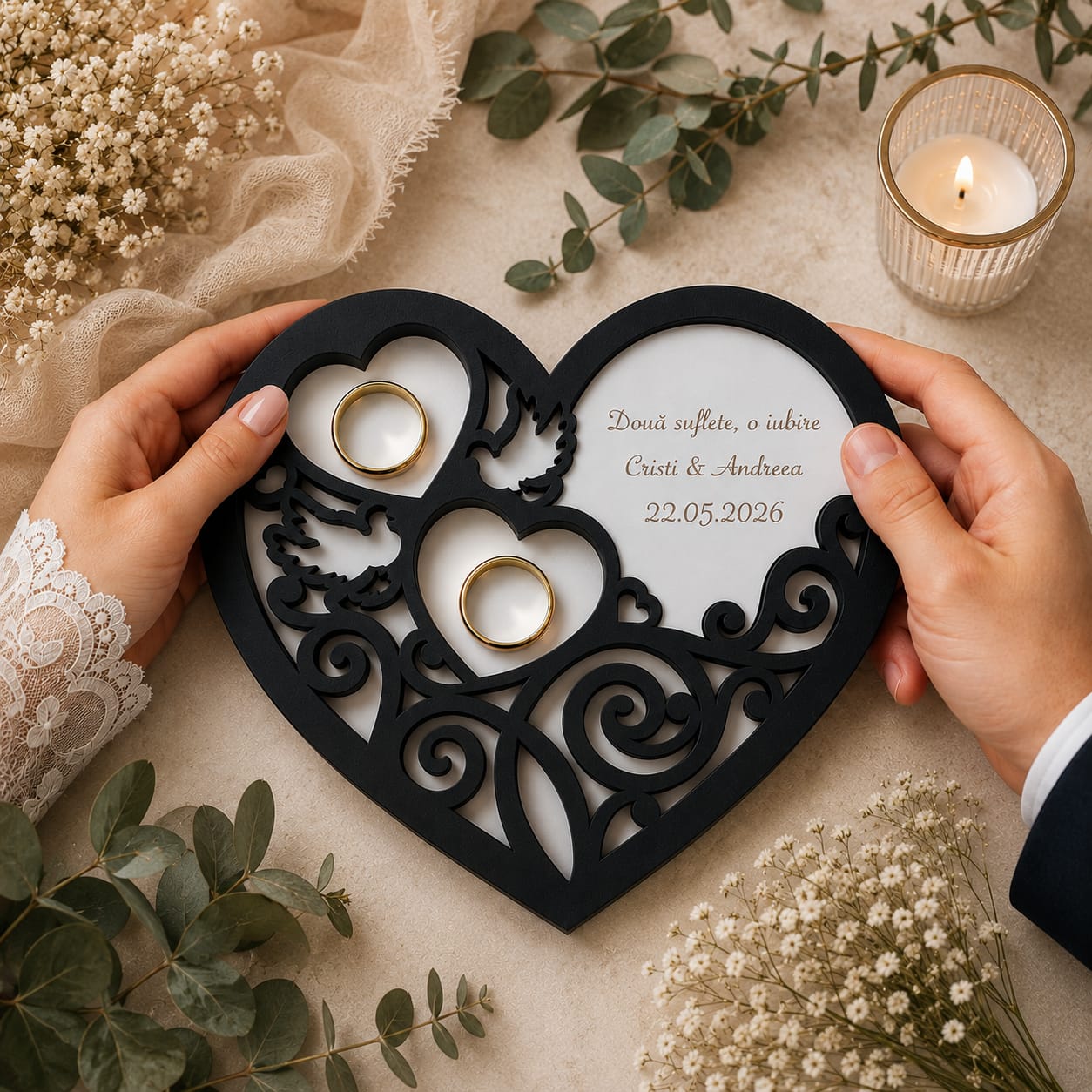 Suport verighete personalizat negru – Eleganță premium pentru o ceremonie memorabilă