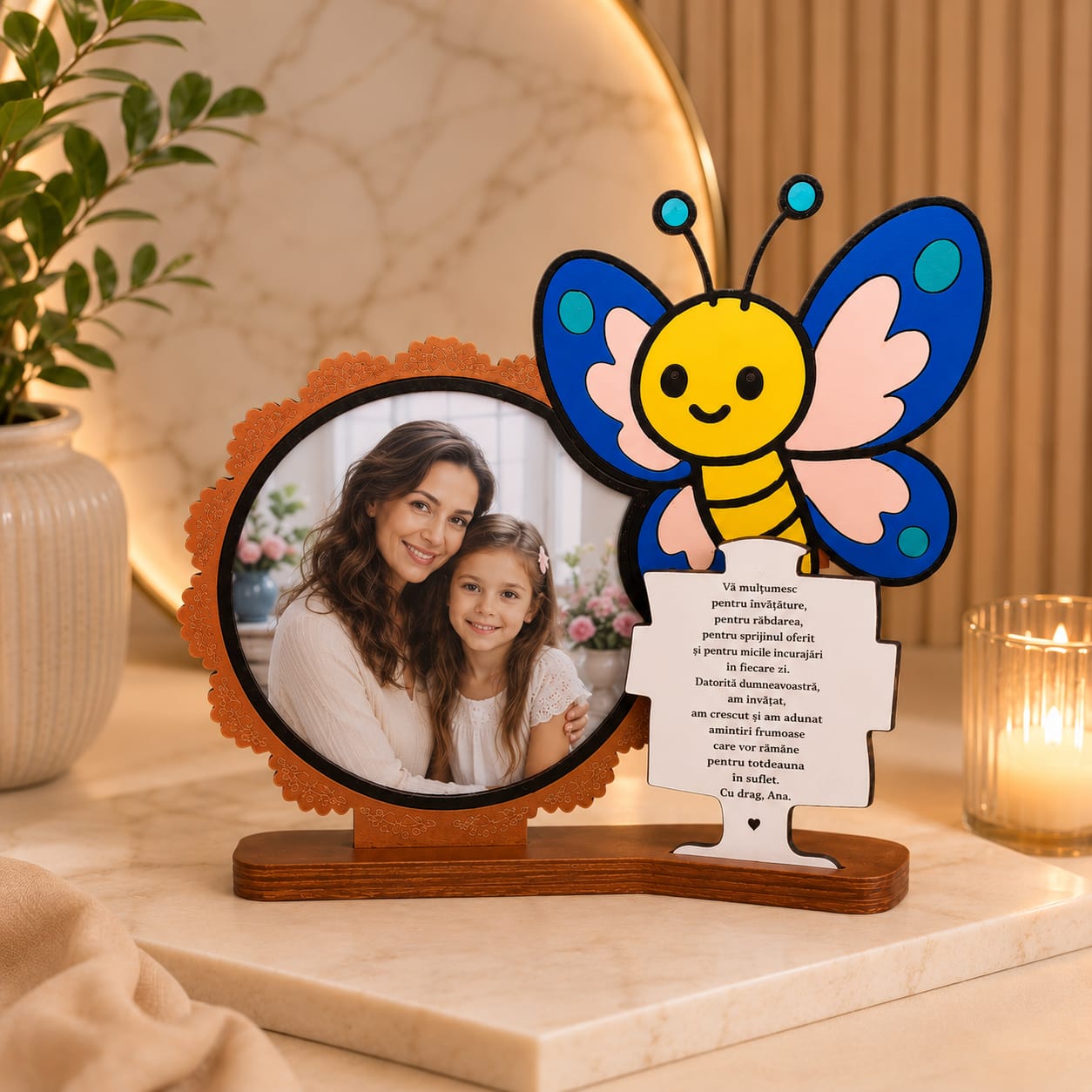 Ramă foto personalizată pentru educatoare cu mesaj de mulțumire și fluture decorativ – Poză 10x10 cm