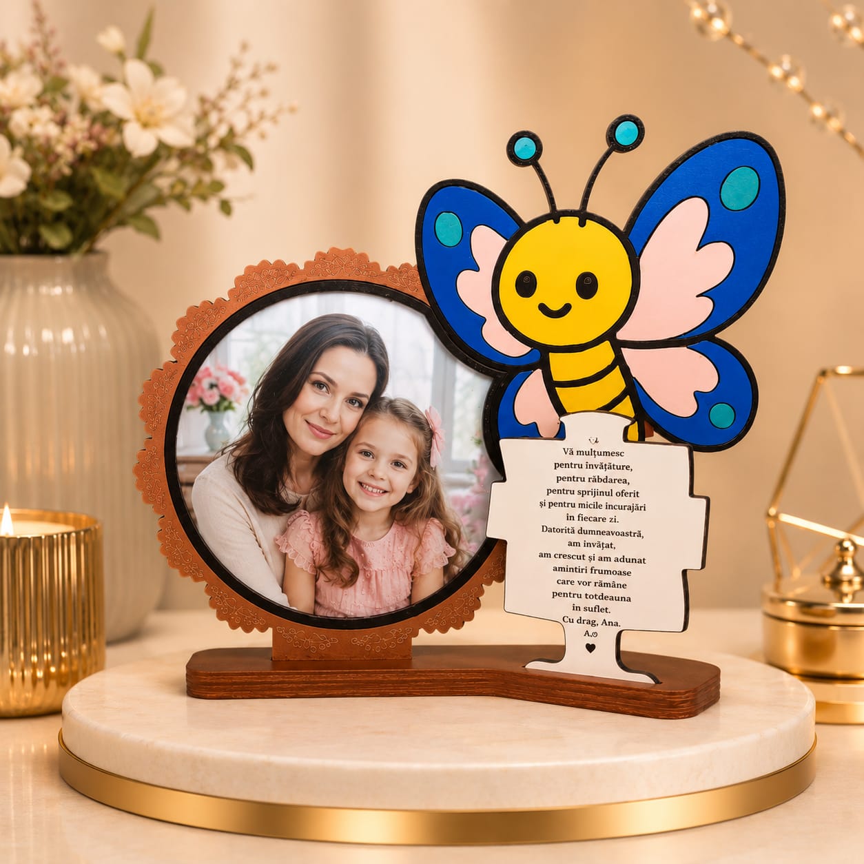 Ramă foto personalizată pentru educatoare cu mesaj de mulțumire și fluture decorativ – Poză 10x10 cm