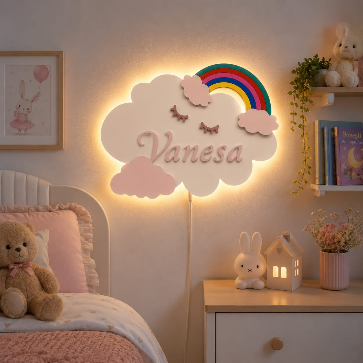 Lampă de veghe LED personalizată „Curcubeu pe Norișor” – 35 cm, cu telecomandă