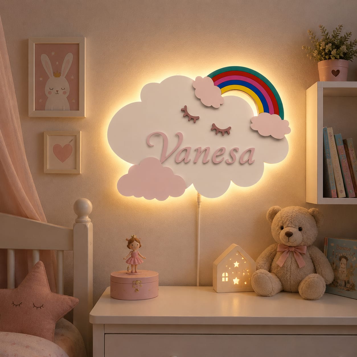 Lampă de veghe LED personalizată „Curcubeu pe Norișor” – 35 cm, cu telecomandă