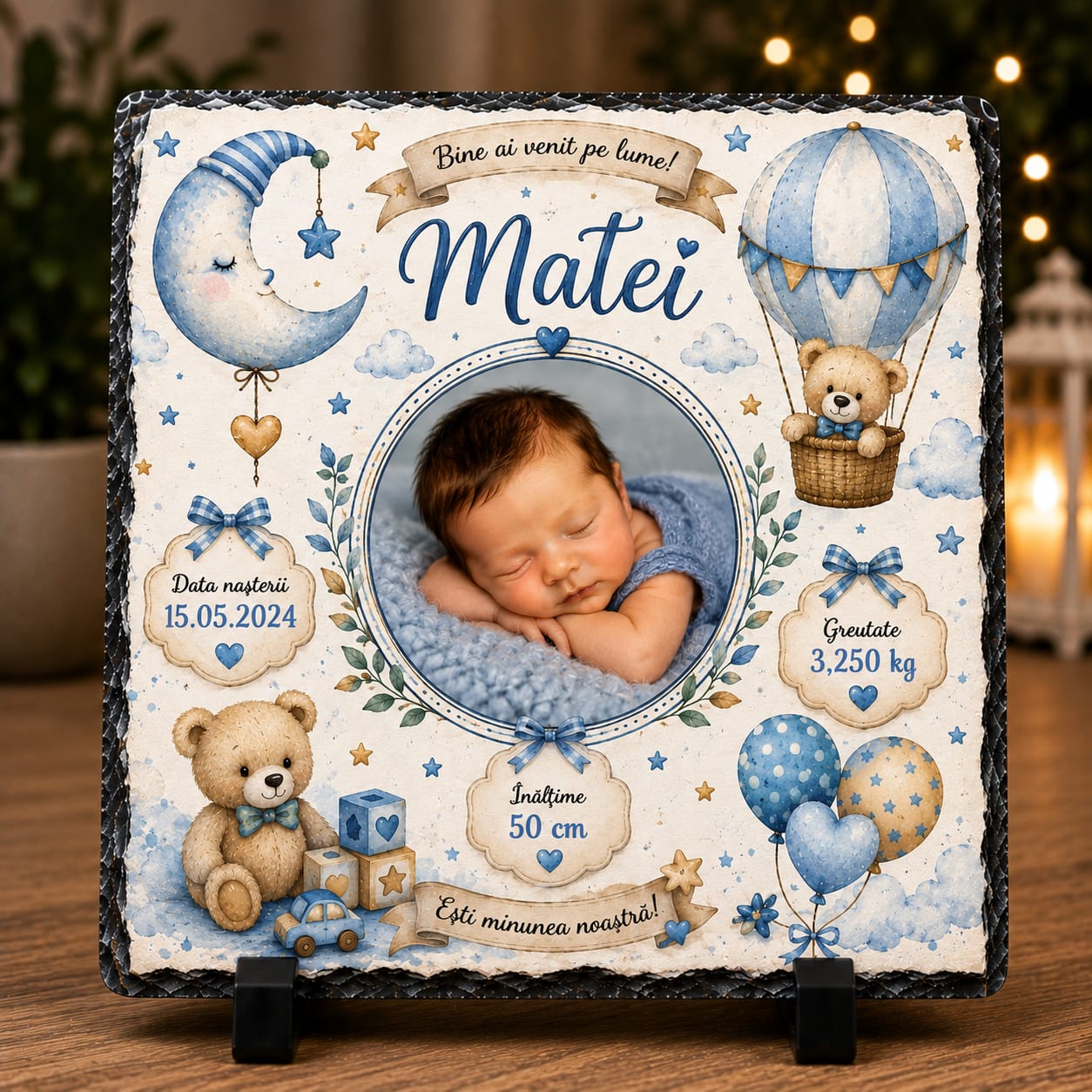 Placă ardezie personalizată pentru nou-născut băiețel, 20 × 20 cm – cu poză și datele nașterii