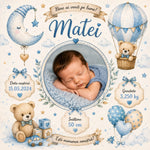 Placă ardezie personalizată pentru nou-născut băiețel, 20 × 20 cm – cu poză și datele nașterii