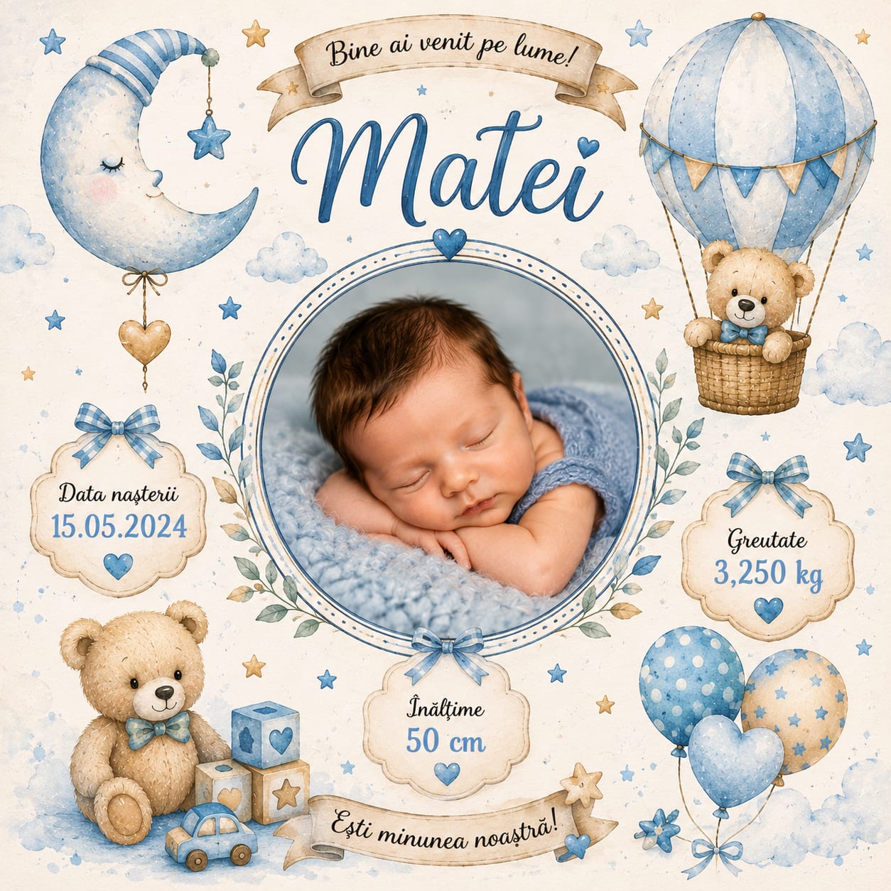 Placă ardezie personalizată pentru nou-născut băiețel, 20 × 20 cm – cu poză și datele nașterii