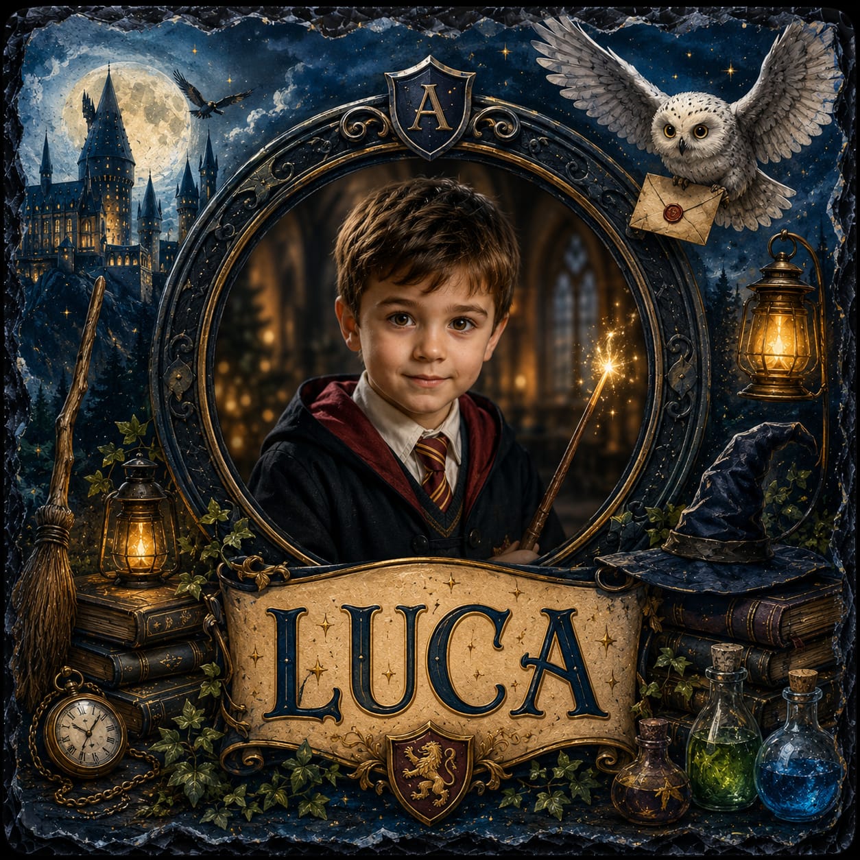 Placă ardezie personalizată pentru băieți, 20 × 20 cm – model școală de magie