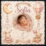 Placă ardezie personalizată pentru nou-născut, 20 × 20 cm – model roz cu datele nașterii