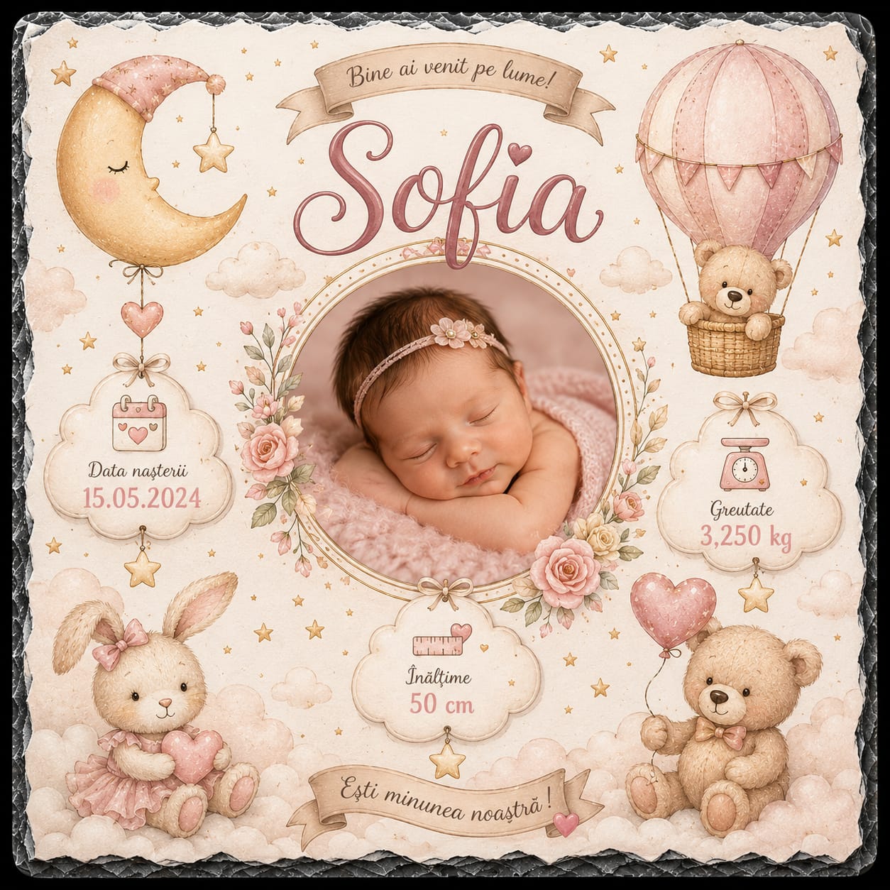 Placă ardezie personalizată pentru nou-născut, 20 × 20 cm – model roz cu datele nașterii