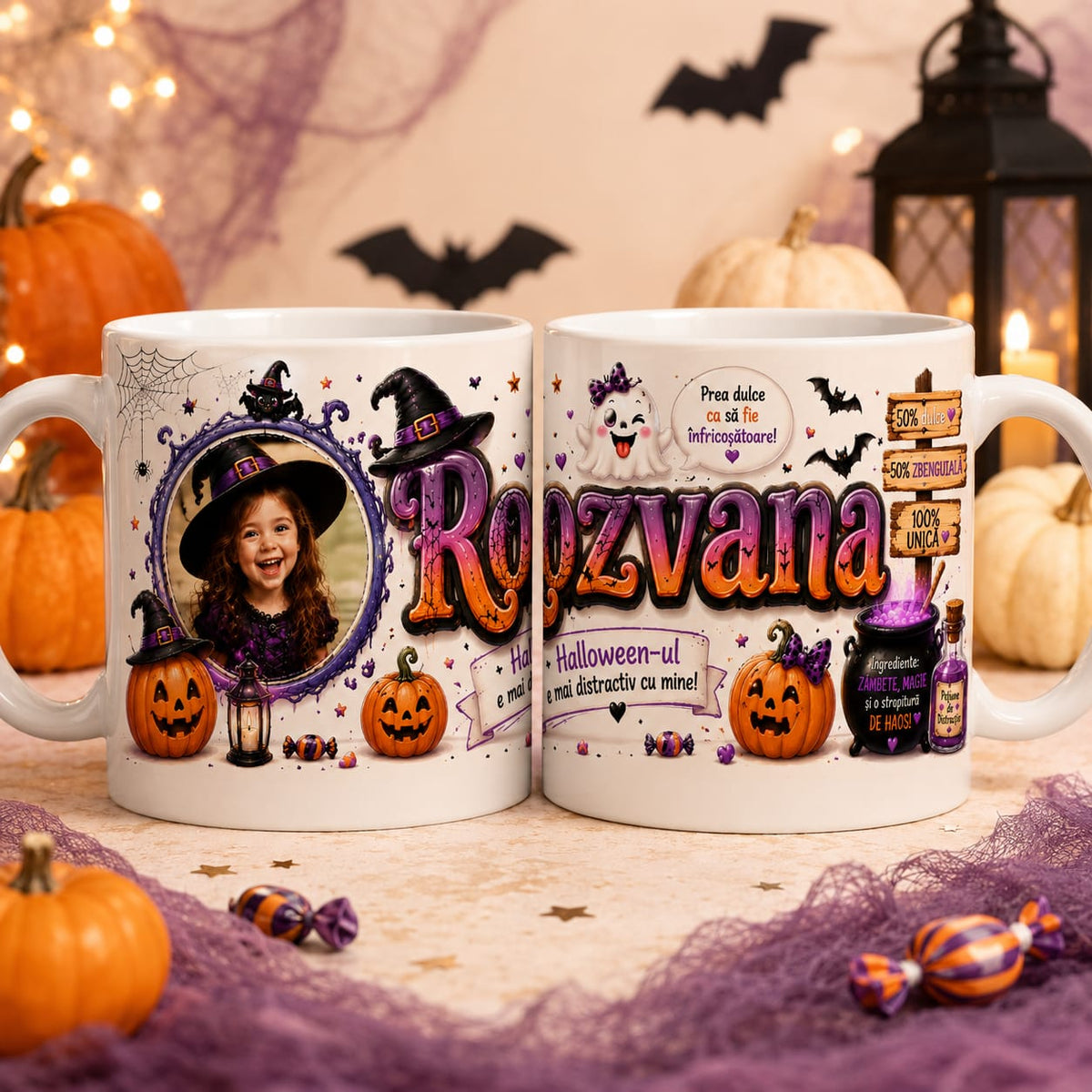Cană personalizată de Halloween cu fotografie și nume – cadou pentru fetițe, 330 ml