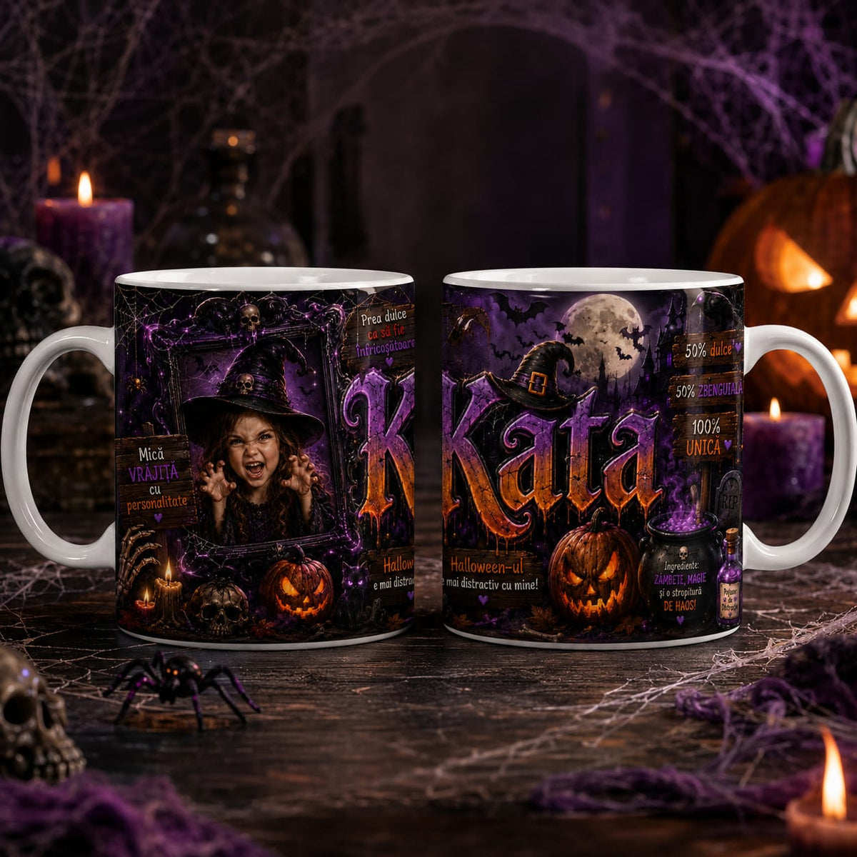 Cană personalizată de Halloween cu fotografie și nume – model „Mica vrăjitoare”, 330 ml