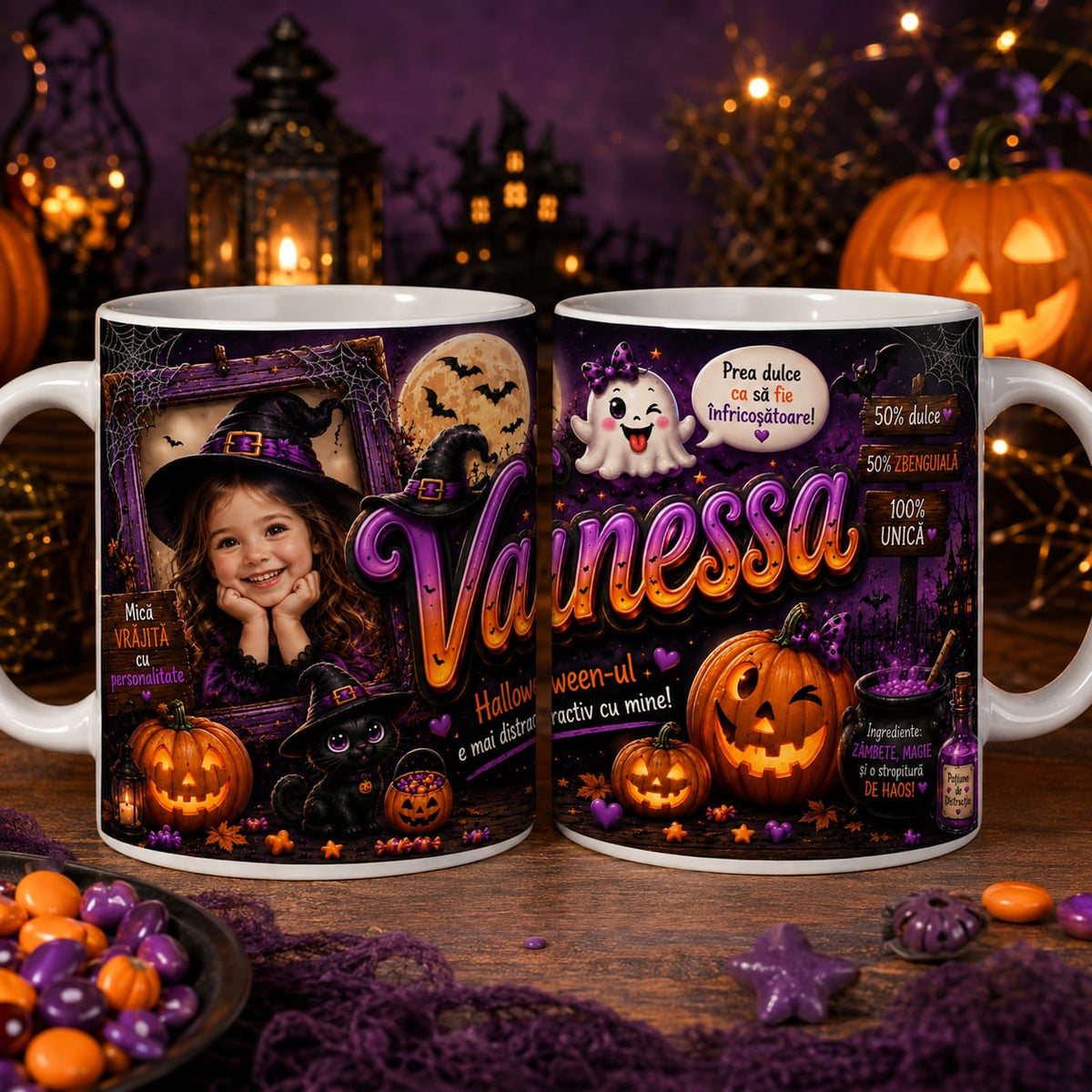 Cană personalizată de Halloween cu fotografie și nume – model „Vanessa”, 330 ml