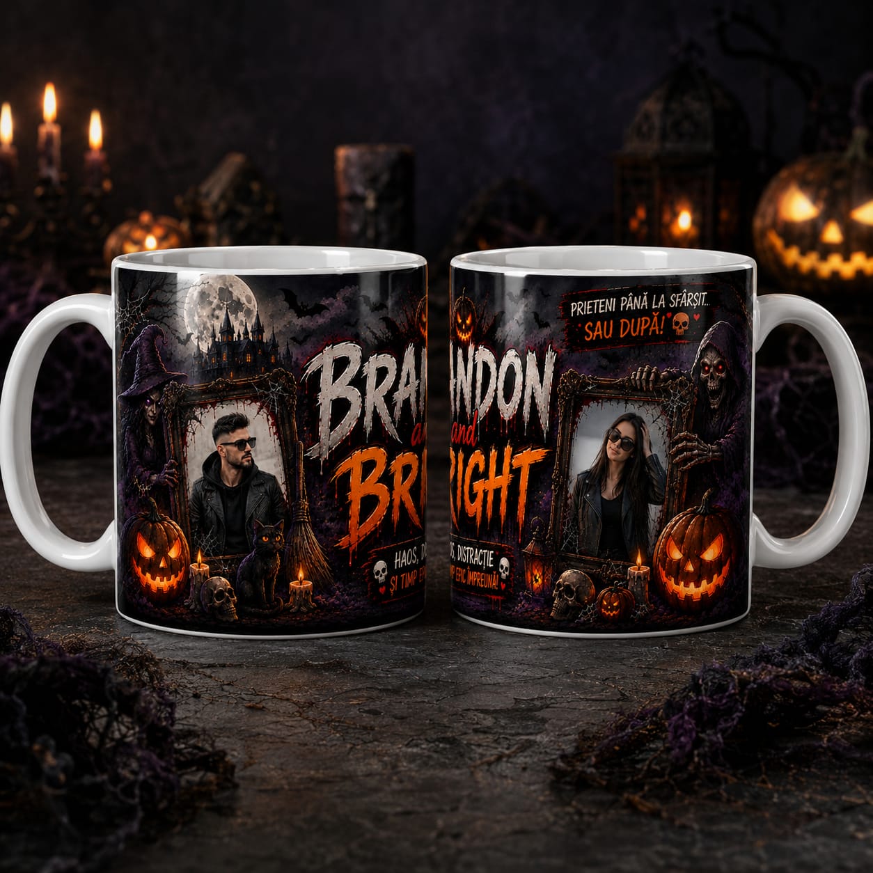 Cană personalizată de Halloween pentru prieteni cu două fotografii și două nume – 330 ml