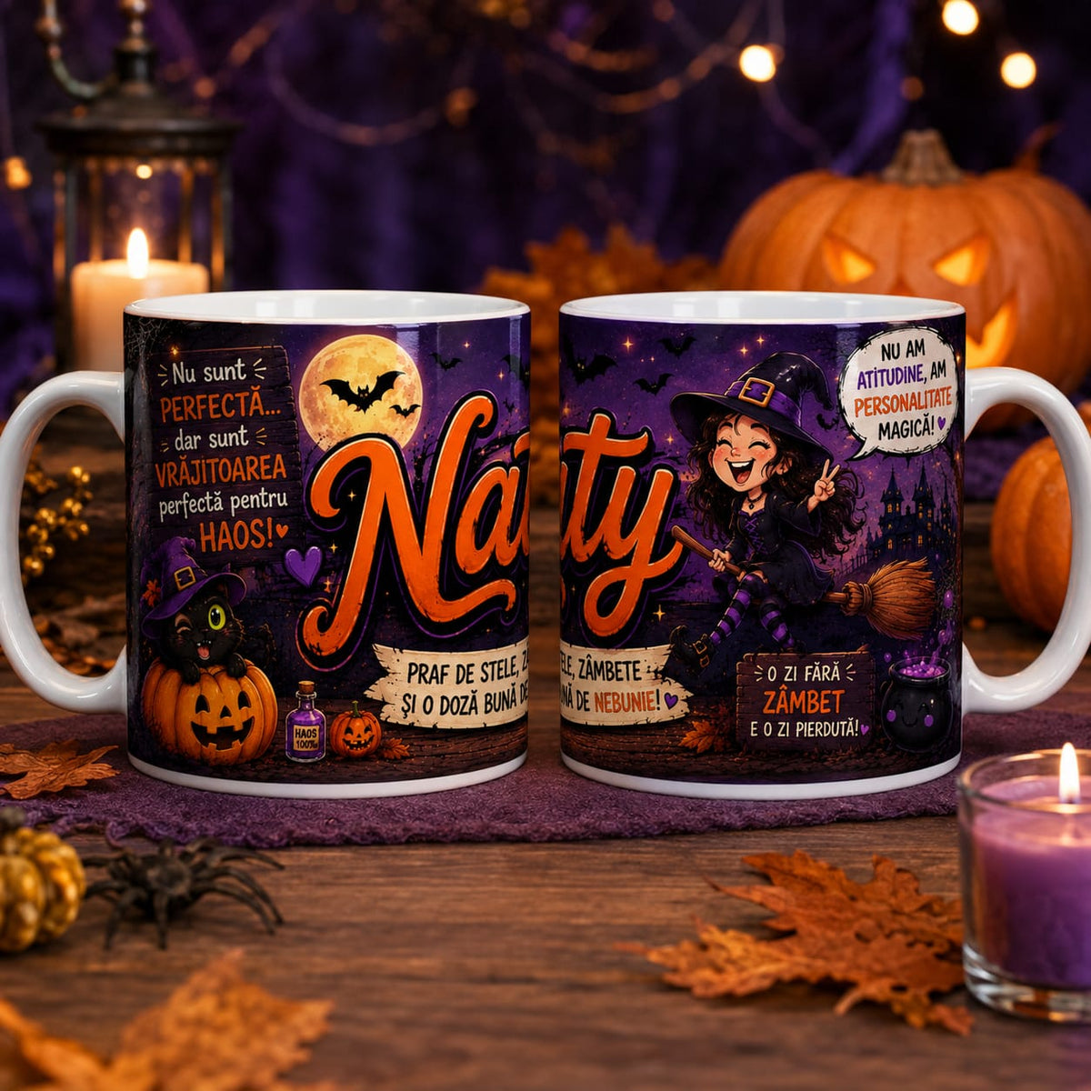Cană personalizată de Halloween cu nume – model „Vrăjitoarea perfectă pentru haos”, 330 ml