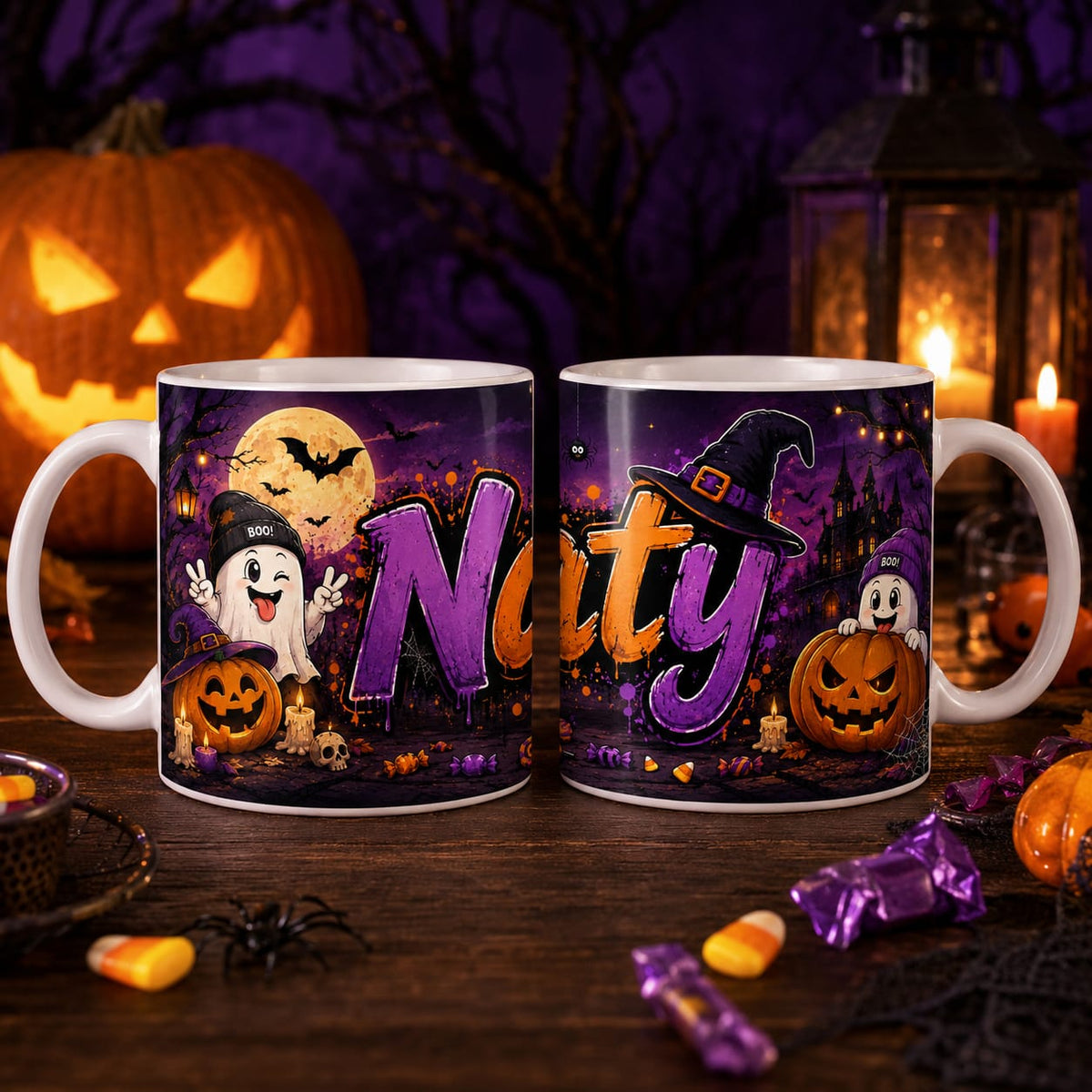 Cană personalizată de Halloween cu nume pentru copii – fantome și dovleci, 330 ml