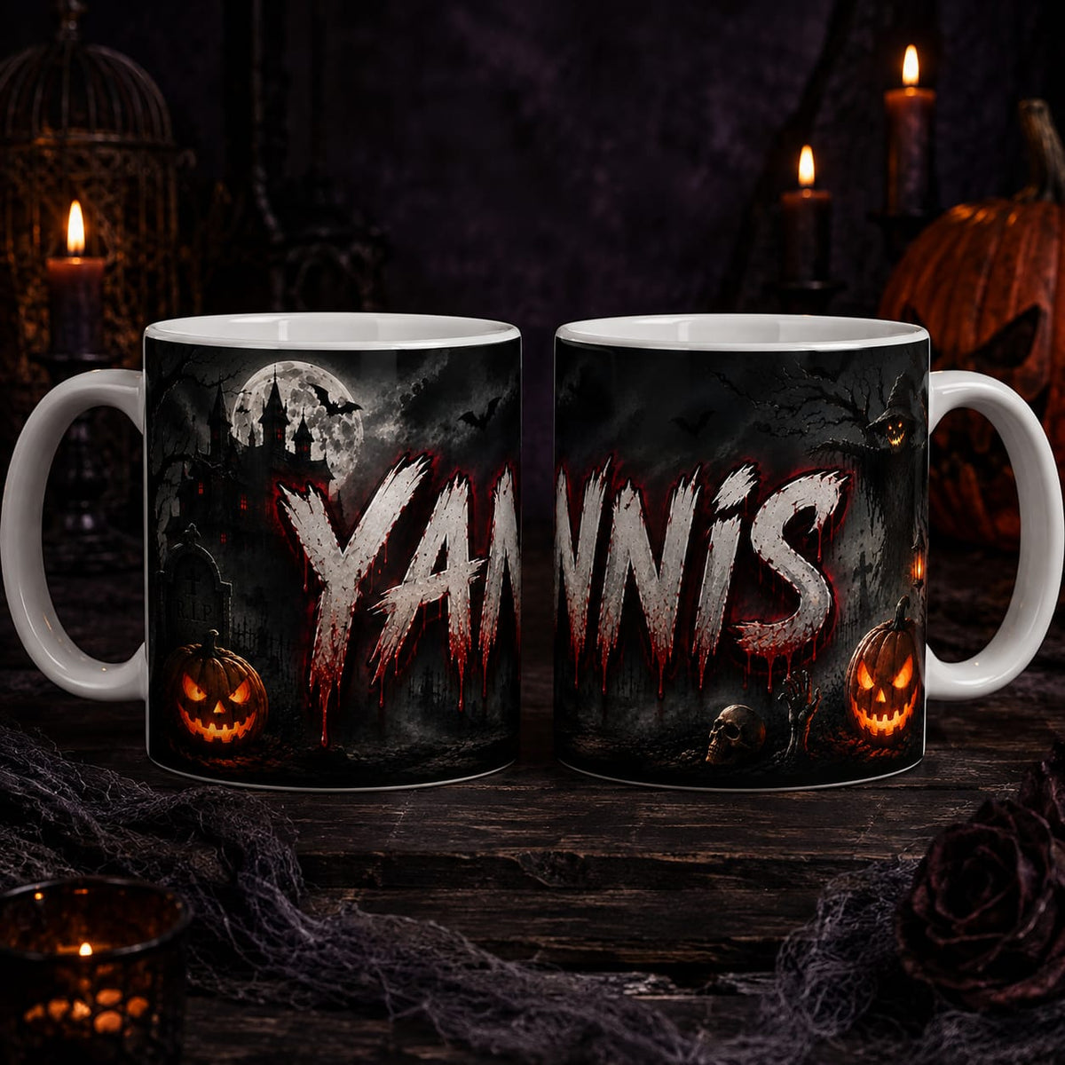 Cană personalizată de Halloween cu nume – design horror gotic, 330 ml