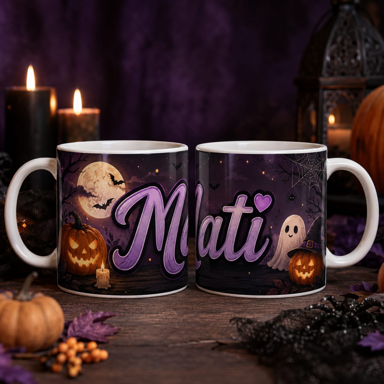 Cană personalizată de Halloween cu nume – fantomă și dovleci, 330 ml