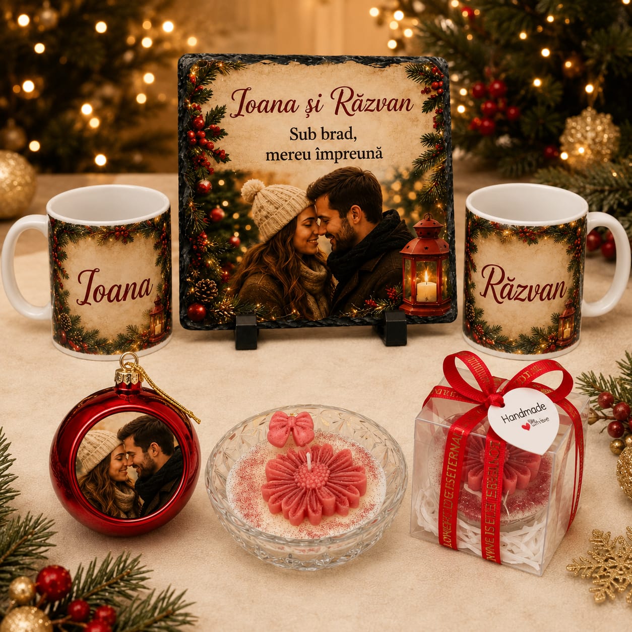 Set cadou de Crăciun personalizat pentru cuplu – placă ardezie 20×20 cm, 2 căni, glob foto și lumânare handmade