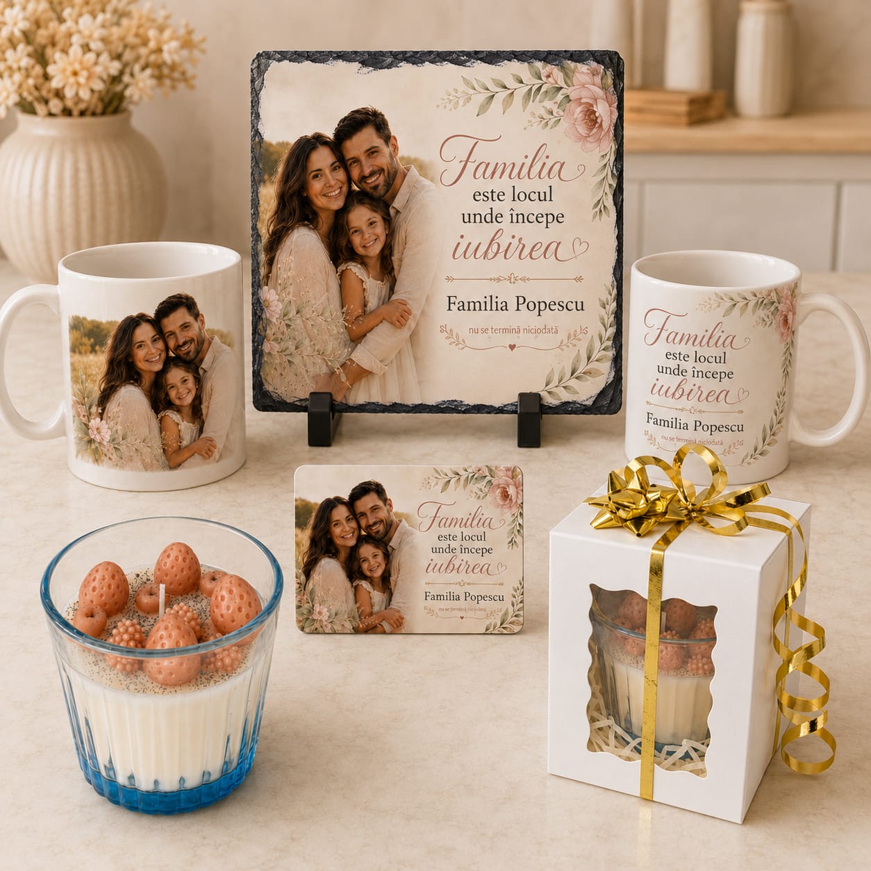 Set cadou personalizat pentru familie cu fotografie – placă ardezie 20×20 cm, 2 căni, magnet și lumânare handmade