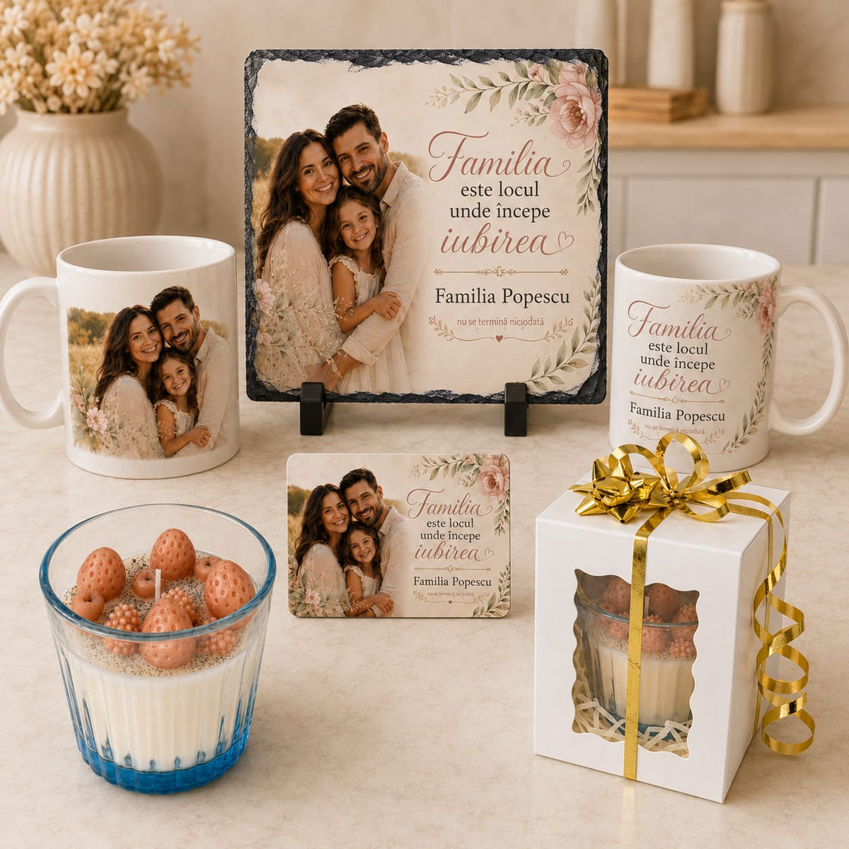 Set cadou personalizat pentru familie cu fotografie – placă ardezie 20×20 cm, 2 căni, magnet și lumânare handmade