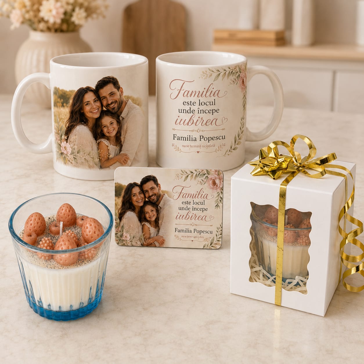 Set cadou personalizat pentru familie cu fotografie – 2 căni de 330 ml, magnet și lumânare parfumată handmade