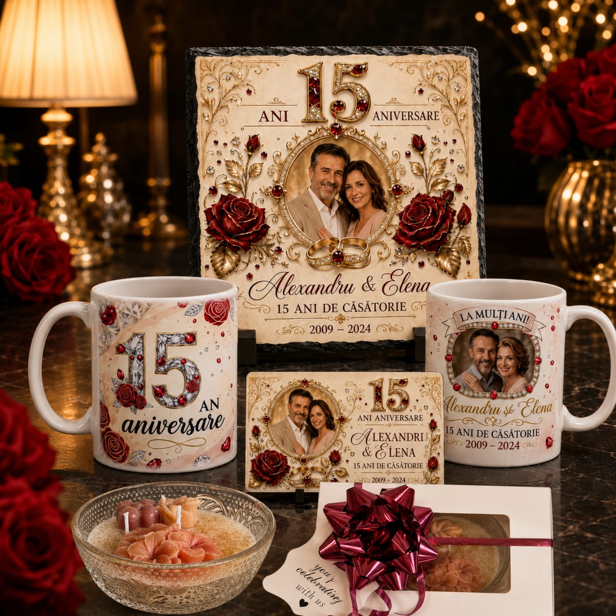 Set cadou personalizat pentru 15 ani de căsătorie – placă ardezie 20×20 cm, 2 căni, magnet și lumânare handmade