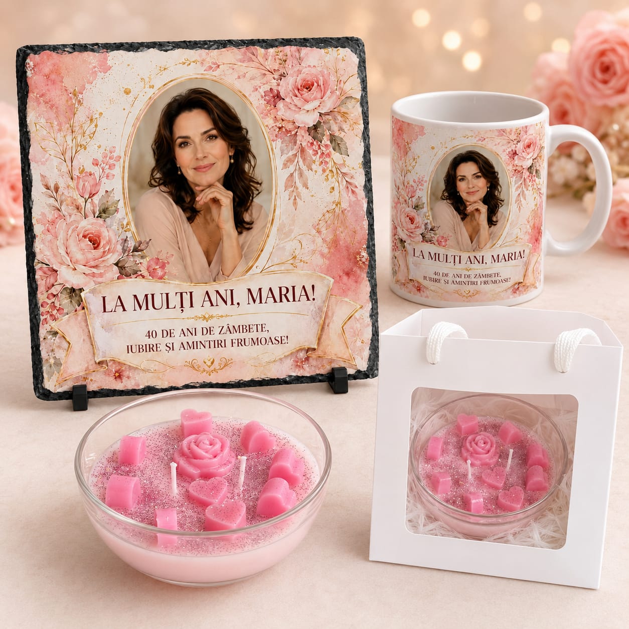 Set cadou personalizat pentru femei de 40 de ani cu fotografie – ardezie 20×20 cm, cană 330 ml și lumânare parfumată handmade
