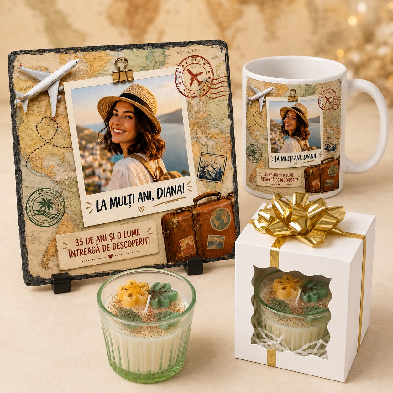 Set cadou personalizat pentru zi de naștere cu tematică de călătorie – placă ardezie 20×20 cm, cană 330 ml și lumânare handmade
