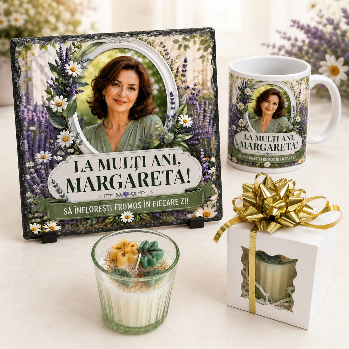 Set cadou personalizat pentru zi de naștere cu fotografie – placă ardezie 20×20 cm, cană 330 ml și lumânare parfumată handmade