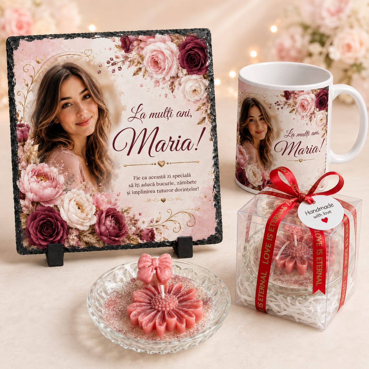 Set cadou personalizat pentru zi de naștere cu fotografie – placă ardezie 20×20 cm, cană 330 ml și lumânare parfumată handmade