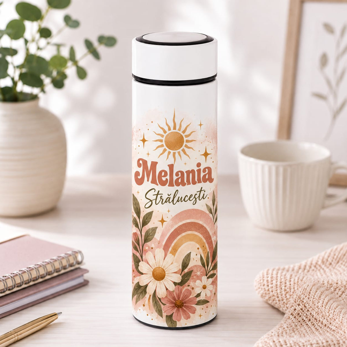 Termos Personalizat 500 ml cu Infuzor de Ceai, Nume și Mesaj – Strălucești