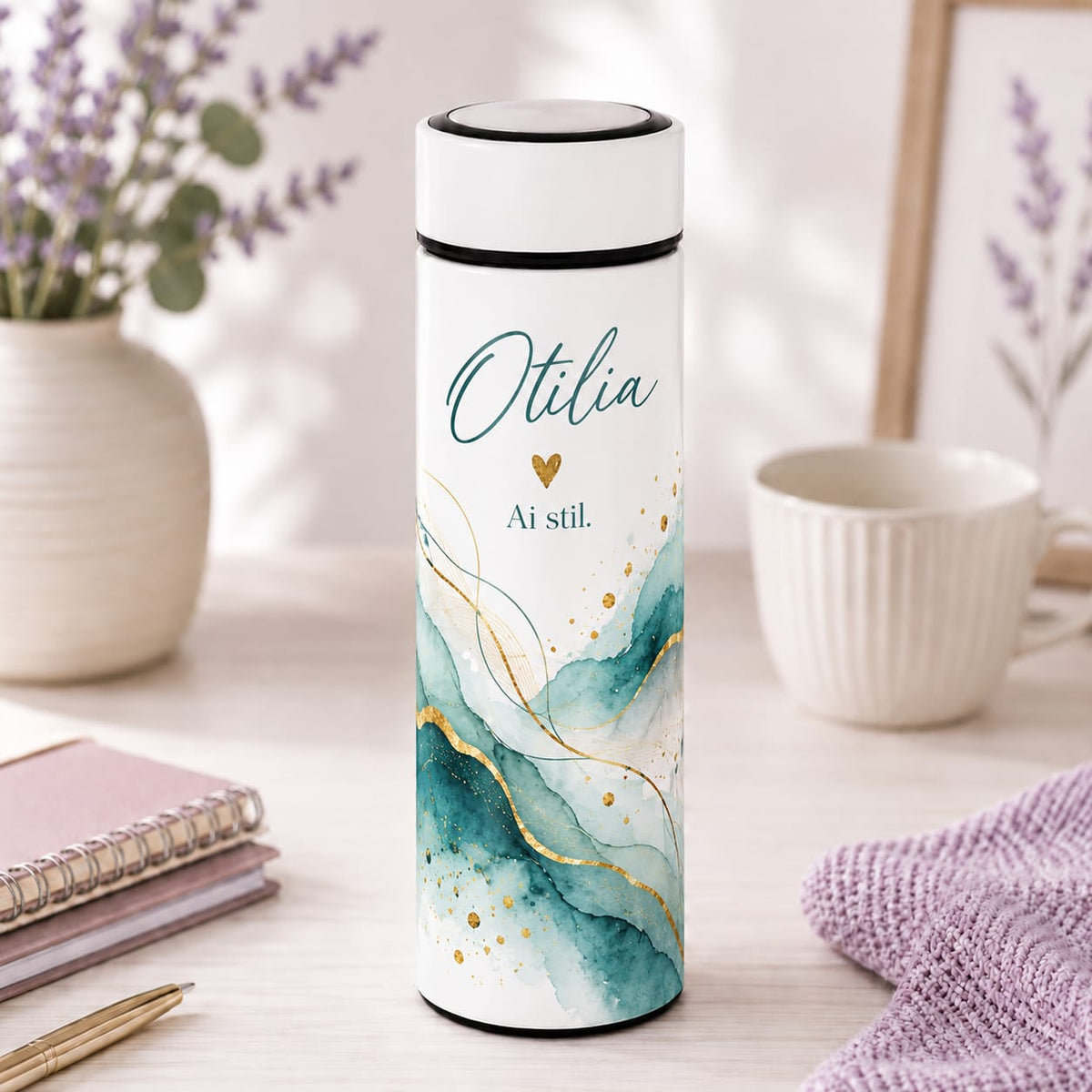 Termos Personalizat 500 ml cu Infuzor de Ceai, Nume și Mesaj – Ai Stil