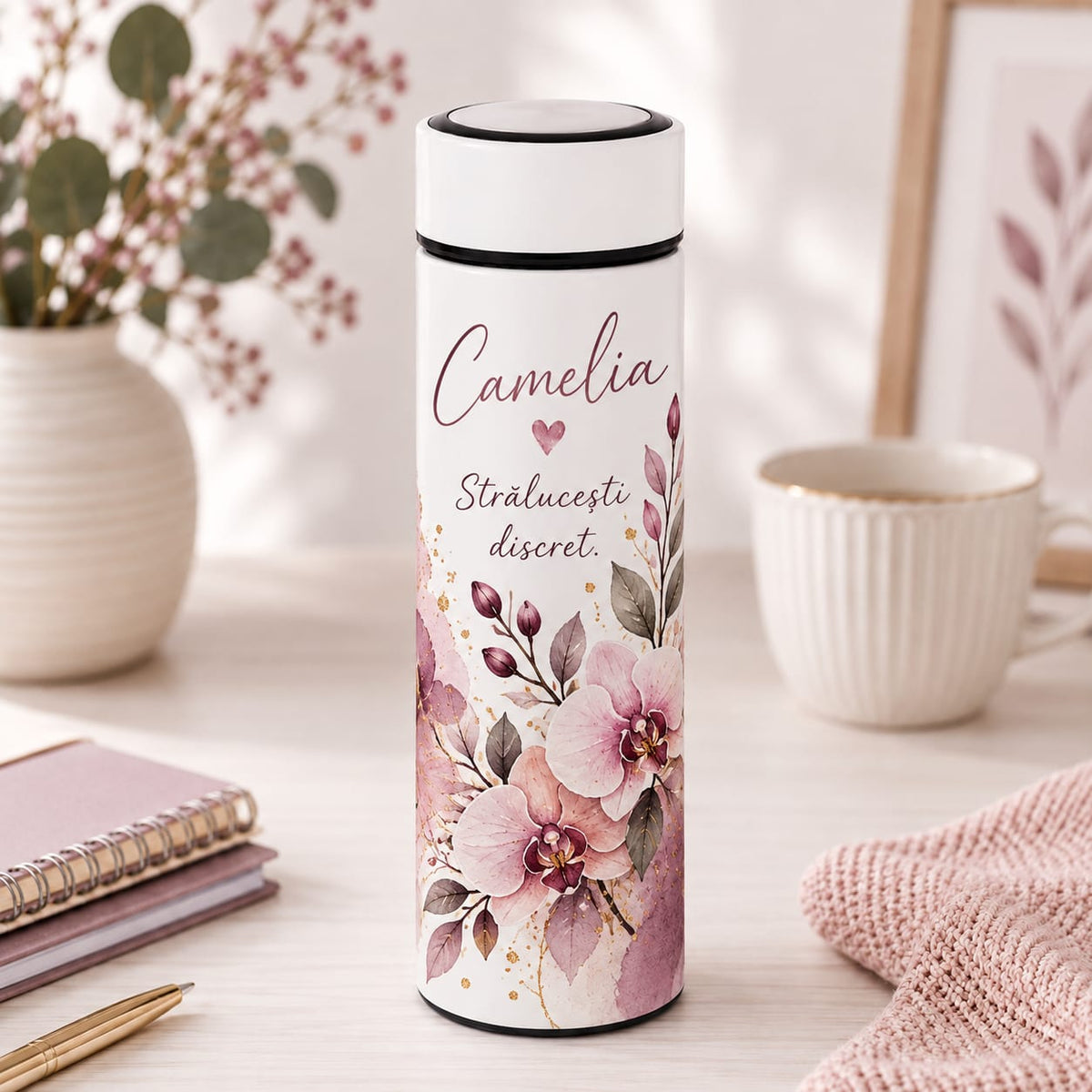 Termos Personalizat 500 ml cu Infuzor de Ceai, Nume și Mesaj – Strălucești Discret