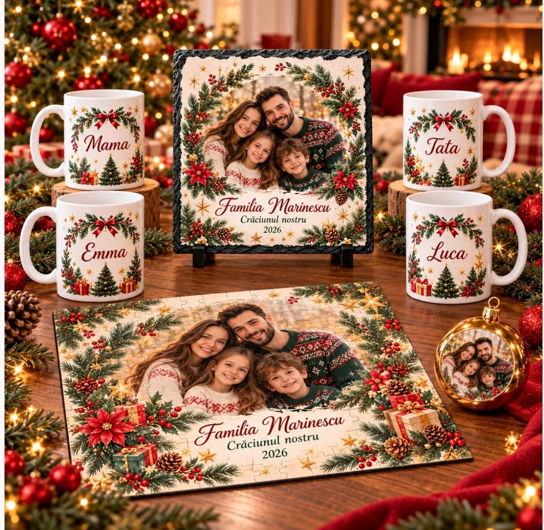 Set cadou de Crăciun personalizat pentru familie – 4 căni, ardezie foto, puzzle și glob