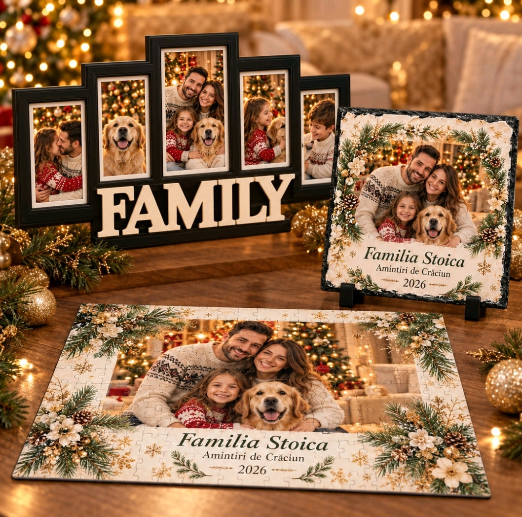 Set cadou de Crăciun personalizat pentru familie – Ramă foto FAMILY, ardezie și puzzle