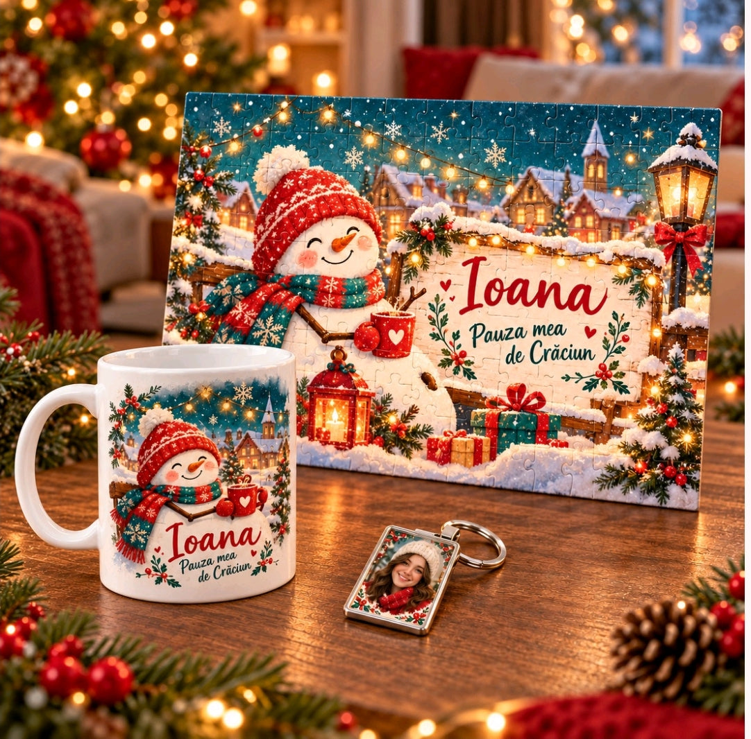 Set cadou de Crăciun personalizat – Cană, puzzle și breloc foto „Pauza mea de Crăciun”